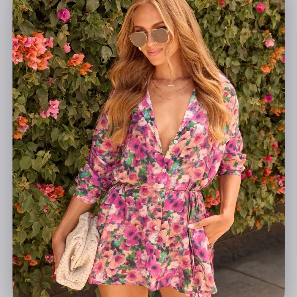 Floral Waist Tie Romper with Pink and Green